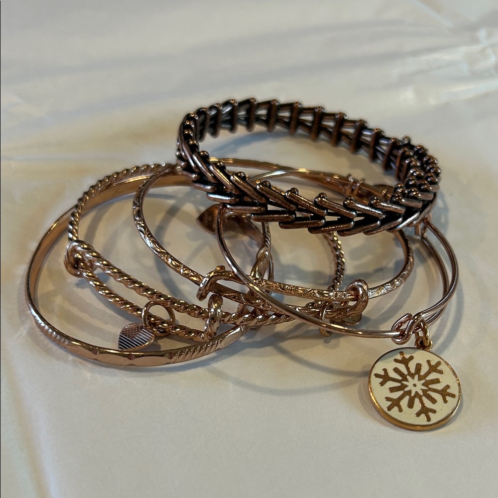 Alex and Ani Rose Gold bangle Bracelet Set with Snowflake Charm
